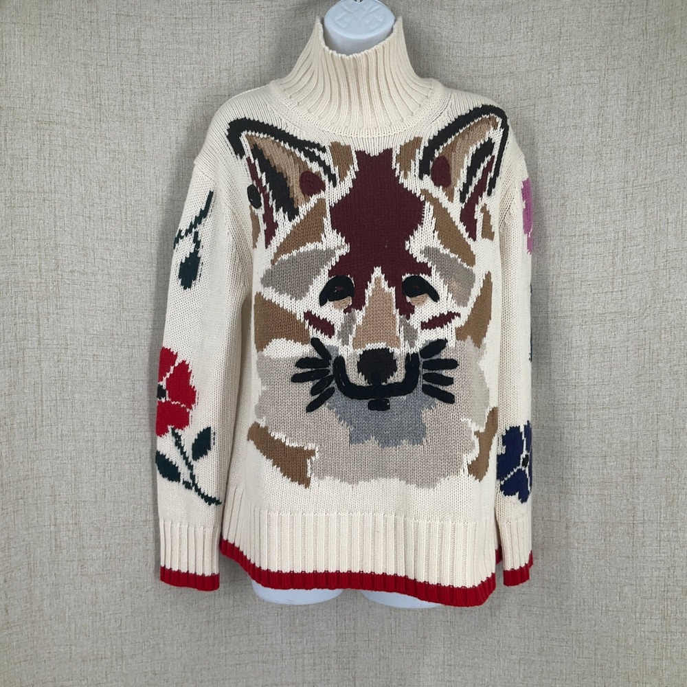 Tuckernuck Fox‎ Intarsia Sweater Womens S Cream Wool Cashmere Floral Mock Neck